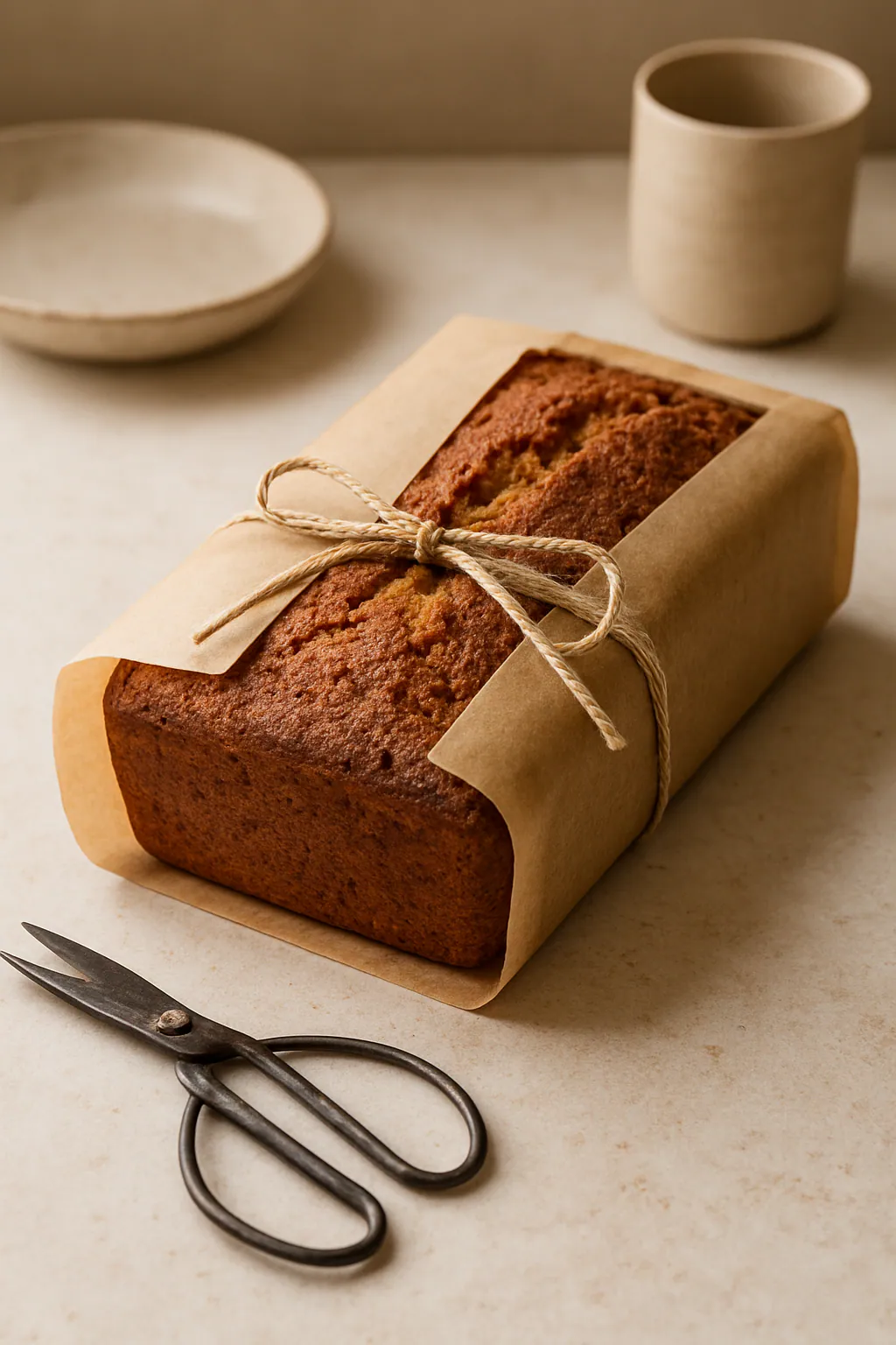 Eindresultaat: Cake in bakpapier en lint verpakken