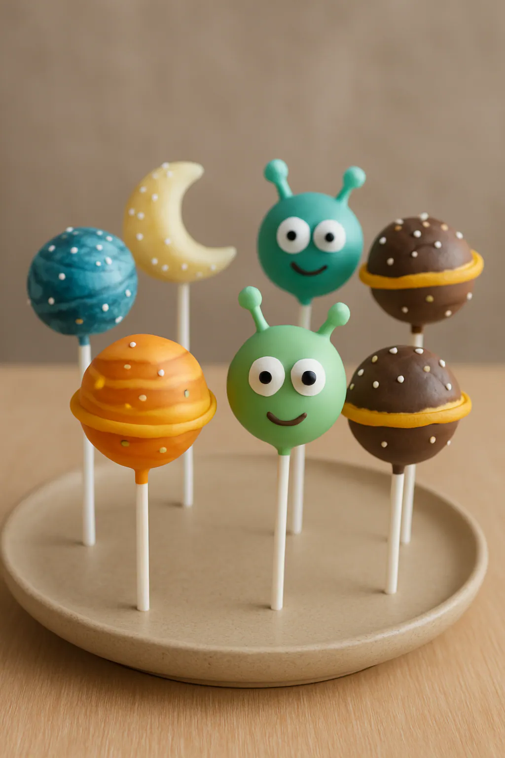 Eindresultaat: Cakepops als ruimtefiguren versieren