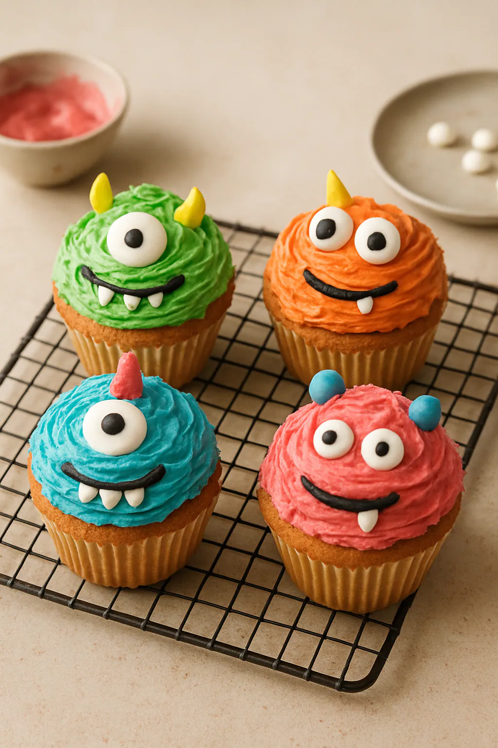 Eindresultaat: Cupcakes als monsters versieren