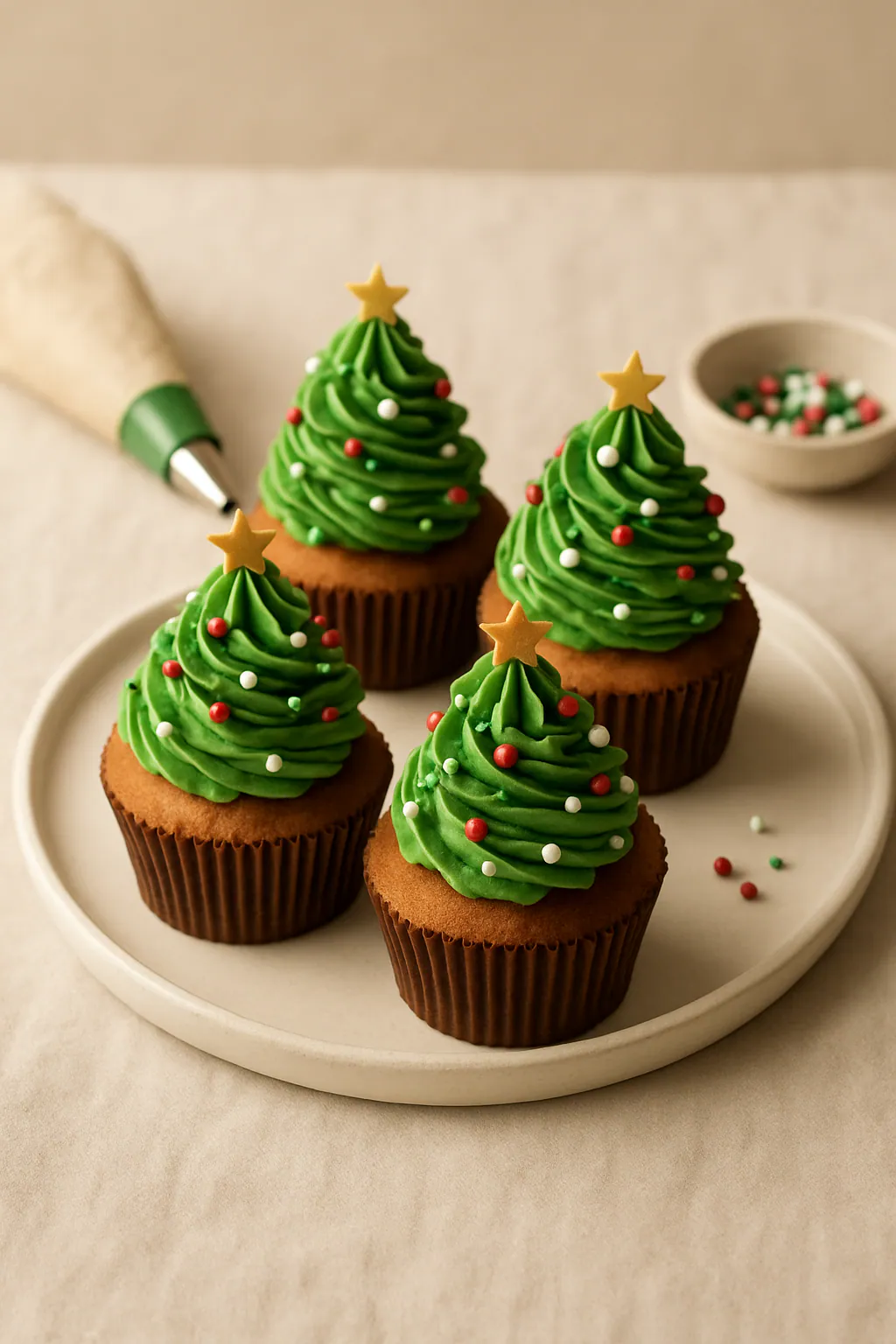 Eindresultaat: Kerstboom-cupcakes decoreren