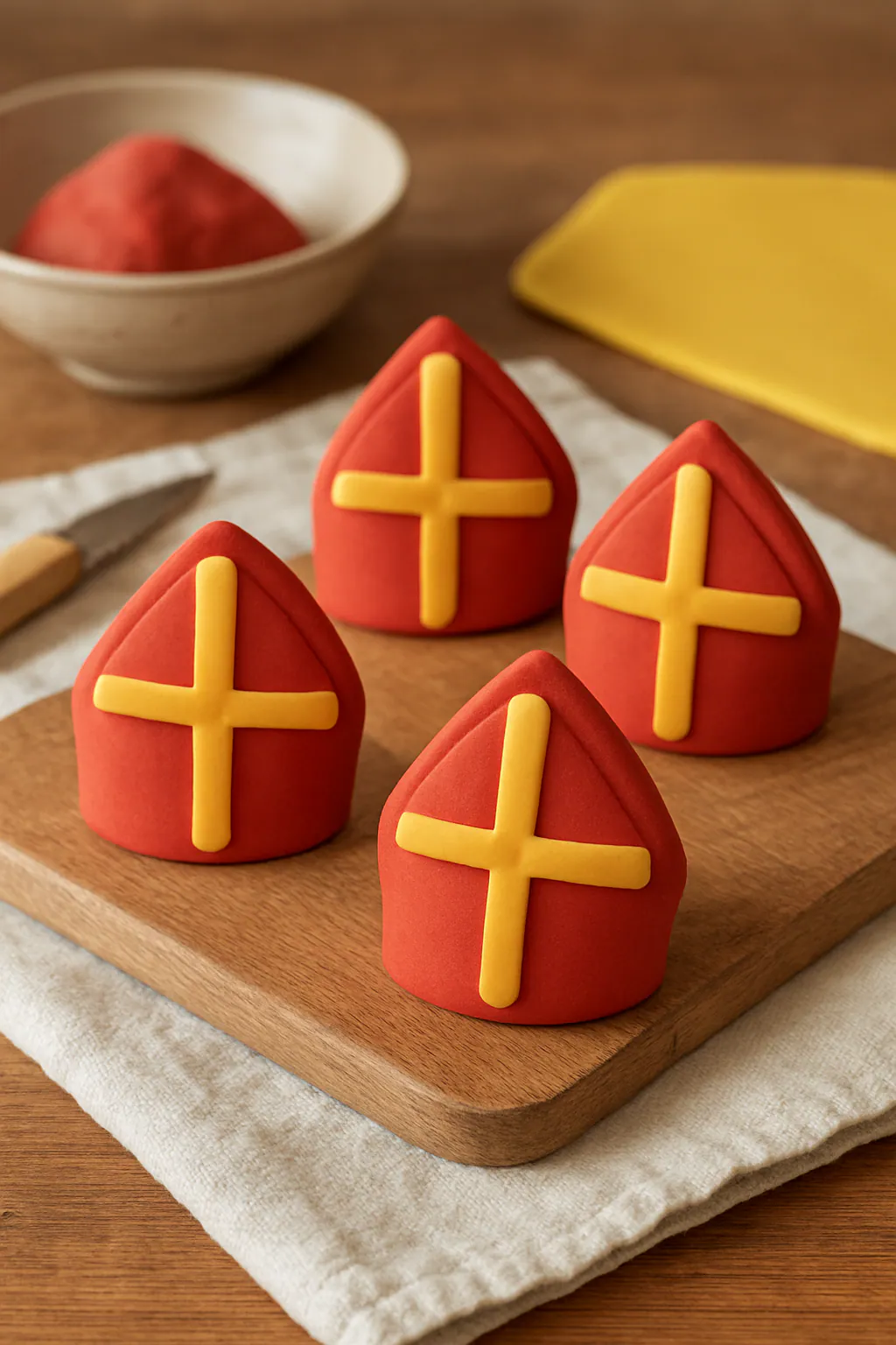 Eindresultaat: Sinterklaas-mijters van fondant maken
