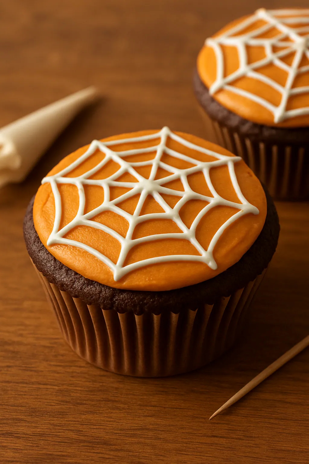 Eindresultaat: Spinnenweb-cupcakes decoreren